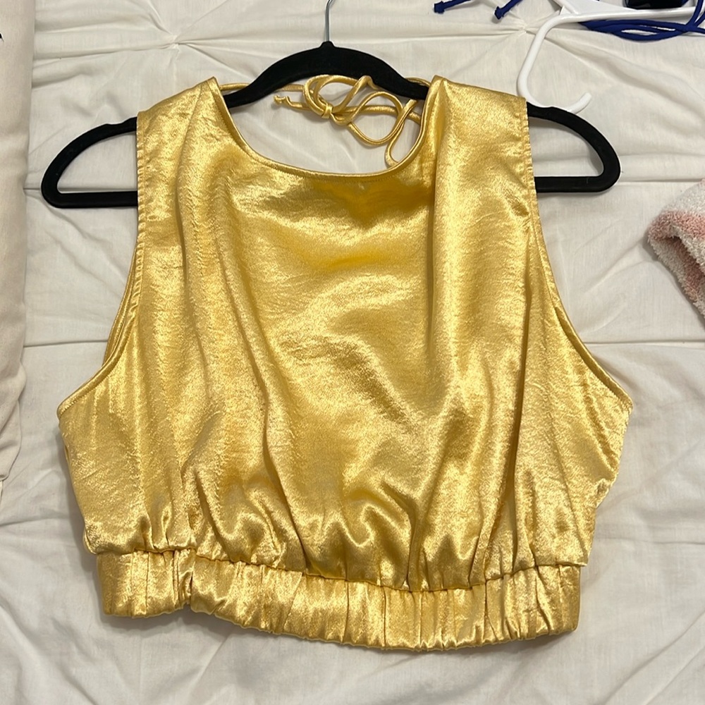 Cinch waist open back metallic top